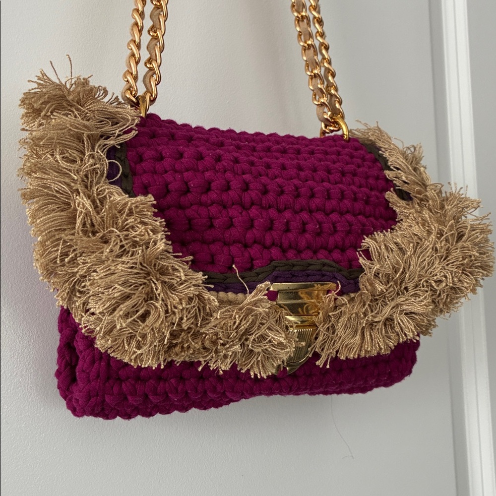 Handmade Crochet Boho Shoulder Bag / Crossbody - Pink/Gold With Chain Strap